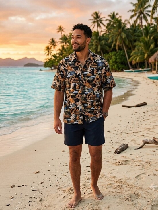 Pierre Cardin Other - Pierre Cardin Black Short Sleeve Shirt with Brown & Blue Tropical Print